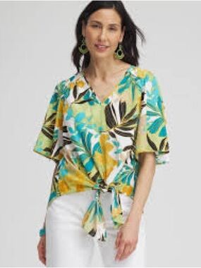 Chico's Tropical Leaf Print Blouse in Teal, Mustard & Black